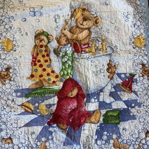 Vintage Teddy Bear Bath Time Theme Quilt Crib Blanket Reversible 32"x40"